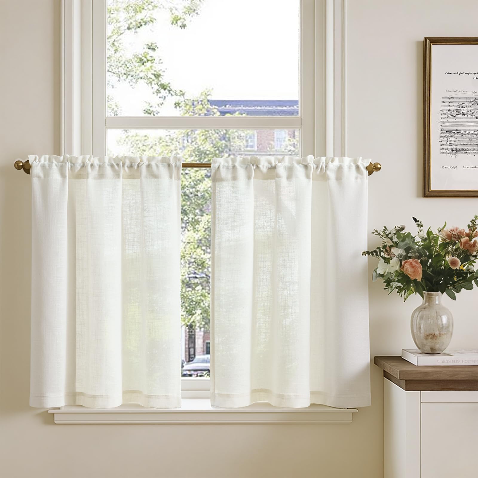 TOPICK Scheibengardinen 2er Set H75xB65 cm Leinenoptik Bistrogardine für Wohnzimmer Küche Kleine Fenster Lichtdurchlässig Küchenvorhänge Kurz Gardinen Moderne Landhaus Tunnelzug Cream Weiß