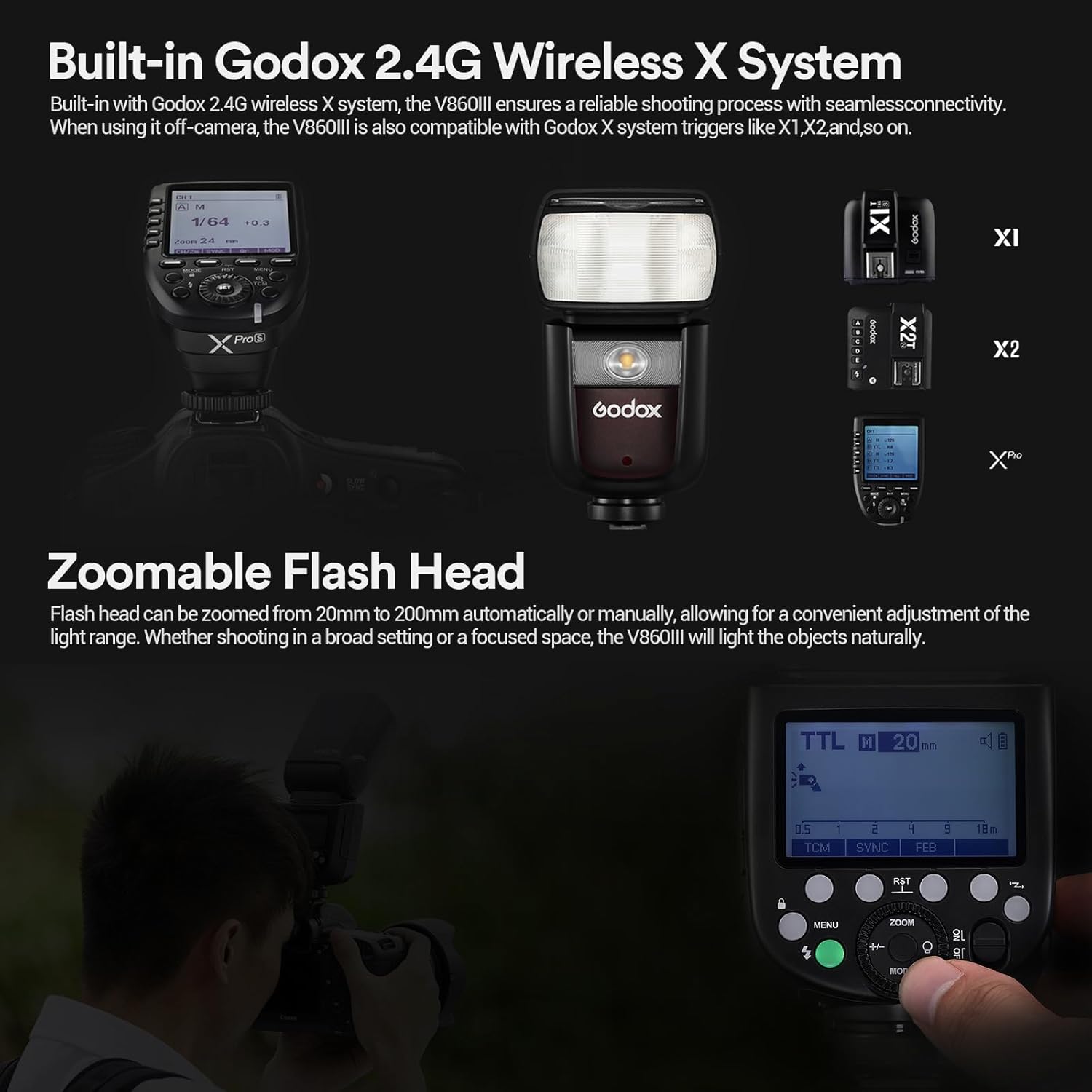 Godox V860III V860III-O Flash for Olympus Panasonic, 2.4G External Flash Speedlite HSS 1/8000s, 7.2V/2980mAh Li-ion Battery, 10 Levels LED Modeling Light, Compatible for Panasonic Olympus Cameras