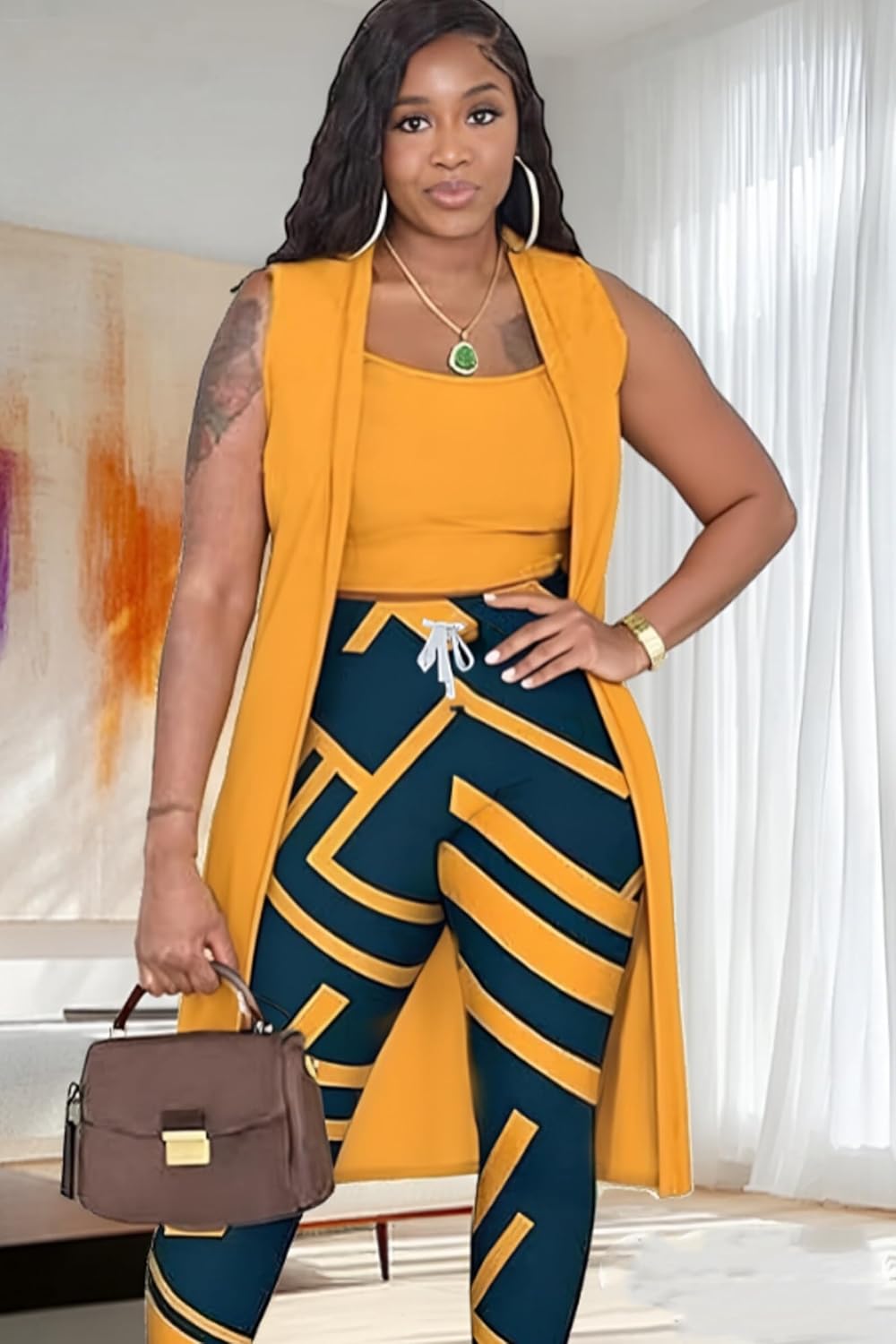 Women's 3 Piece Lounge Pants Set Pajamas Long Cardigan Crop Tank Tops with Drawstring Loungewear Outfit - Image 5