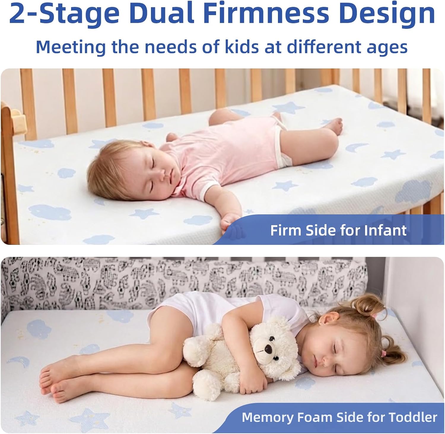 Crib & Toddler Mattress, Premium Dual-Sided Baby Mattress, 52'' x 27.6'' x 4.5'', Breathable, Waterproof & Washable Cover, Fits Standard Cribs and Toddler Beds - Moon & Star
