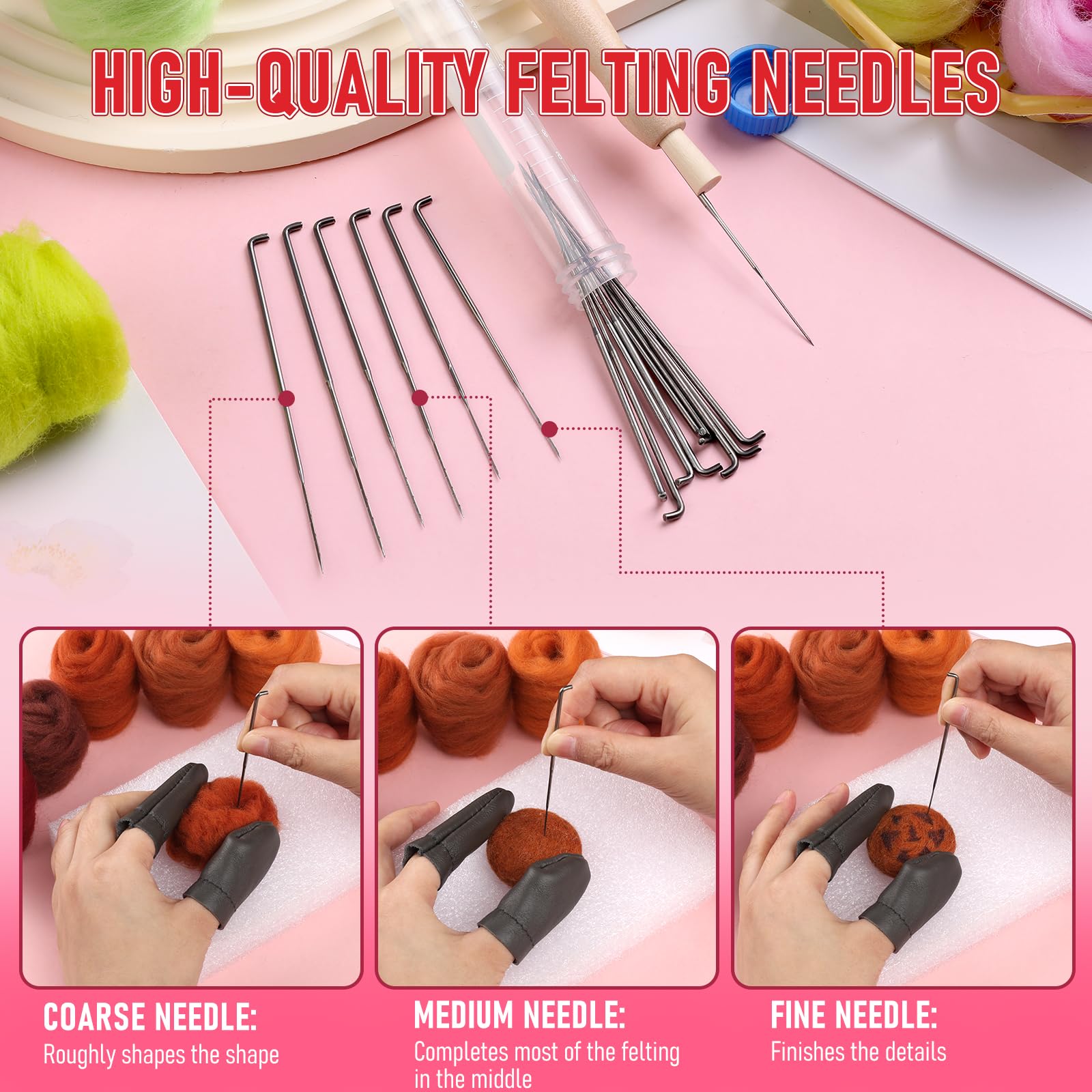 Jupean 204-teiliges Filz-Set, Nadelfilz-Set für Anfänger, 60 Farben, Wollfilzwerkzeug-Set mit farbkodierten Filznadeln, Schaumstoffmatte, Nadelfilzzubehör für Bastelarbeiten
