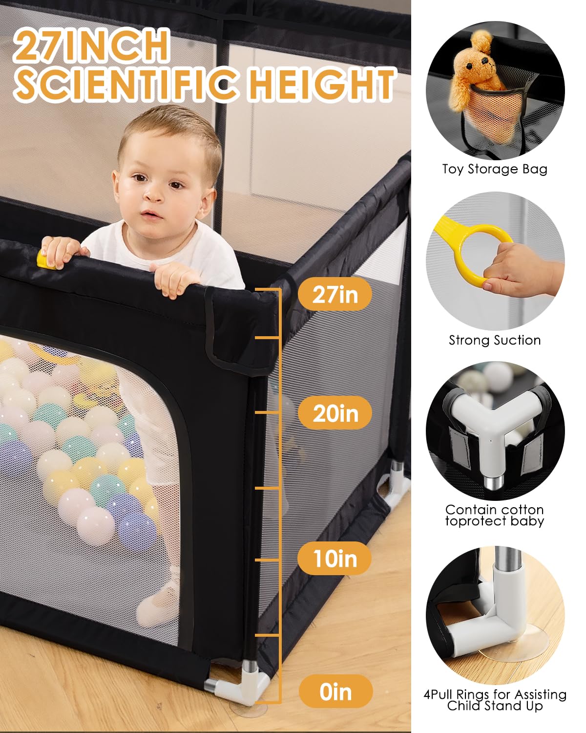 71" x 59" Extra Large Baby Playpen for Babies and Toddlers, Safe Activity Center with Soft Play Fence, Indoor Safety Yard, Easy to Assemble and Clean (Black)