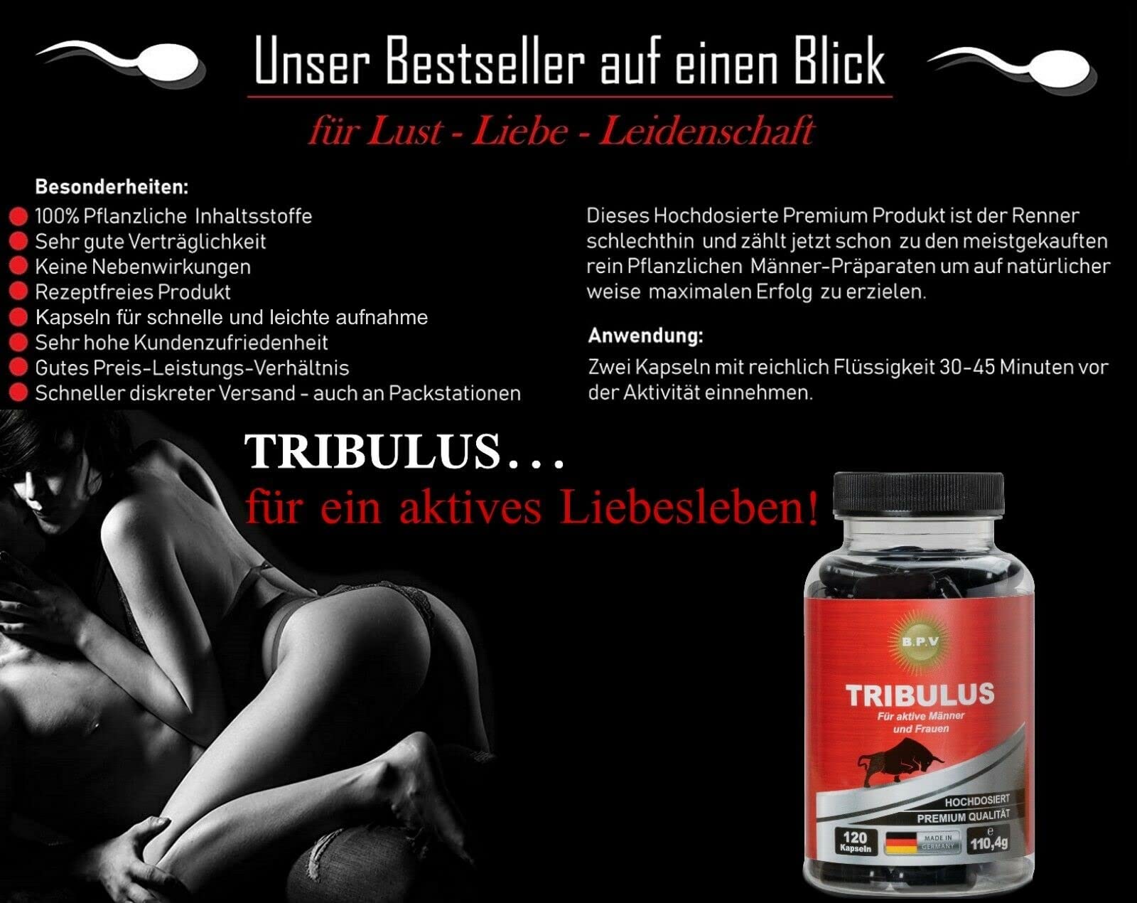 B.P.V Tribulus 120 capsules – Hautement dosé 775,0 mg par capsule – Booster d'entraînement – Idéal pour les sportifs et les hommes actifs – Pour le plaisir – Amour – Passion et plus encore