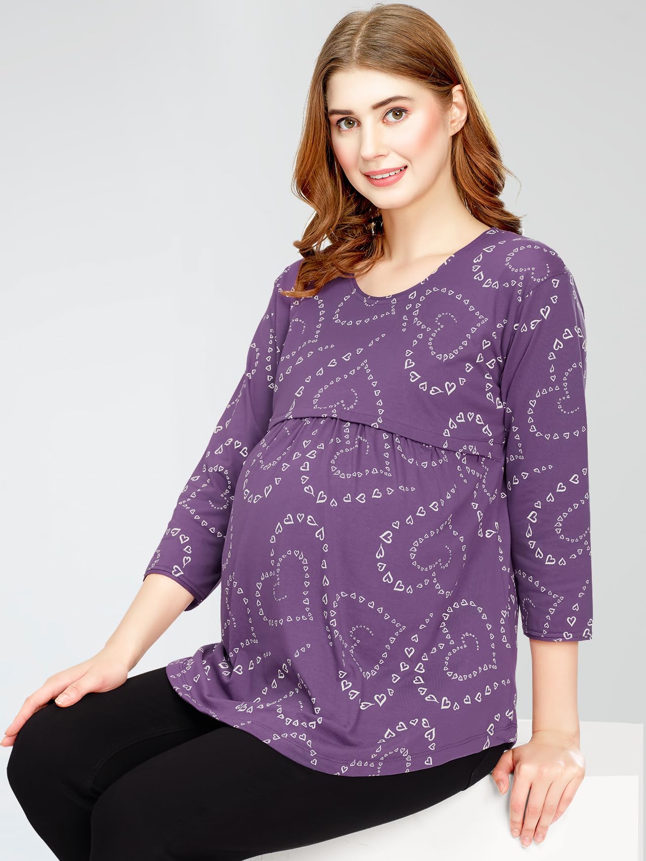 ZEYO Women's Cotton Violet Maternity Top Heart Printed Feeding T-Shirt 5815 - Image 3 thumbnail