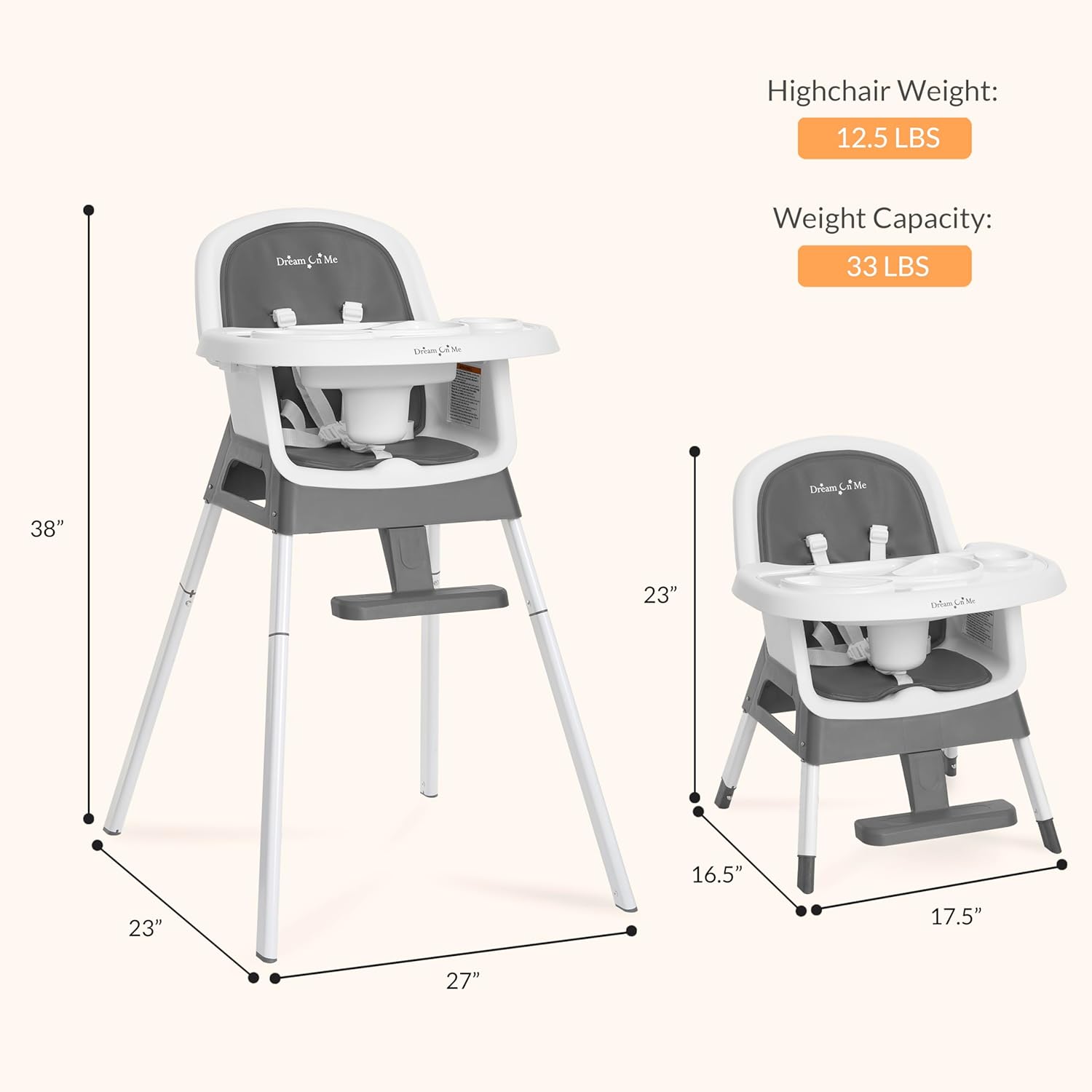 Dream On Me Curio Sit N Seek 3 in 1 Convertible Baby High Chair in Solid Grey, Removable and Adjustable Tray, Portable High Chair, Adjustable Legs, Detachable Footrest & 5 Point Safety Harness
