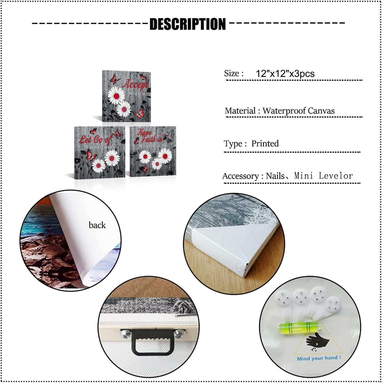 SkenoArt Flower Wall Art for Bedroom Grey and Red Butterfly Canvas Paintings Daisy Floral Quotes Inspirational Pictures Prints Home Farmhouse Bathroom Decor Ready to Hang 12x12inchx3pcs - Image 7