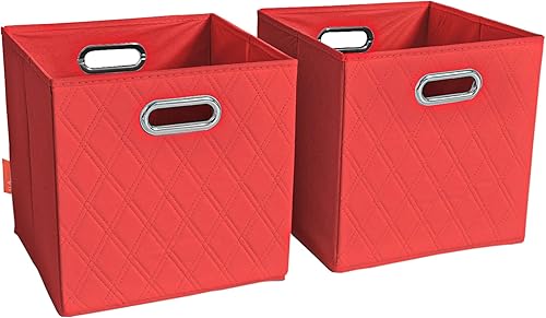 JIAessentials Juego de dos cubos de almacenamiento de piel sintética con patrón de diamante rojo de 11 pulgadas con asas para sala de estar,