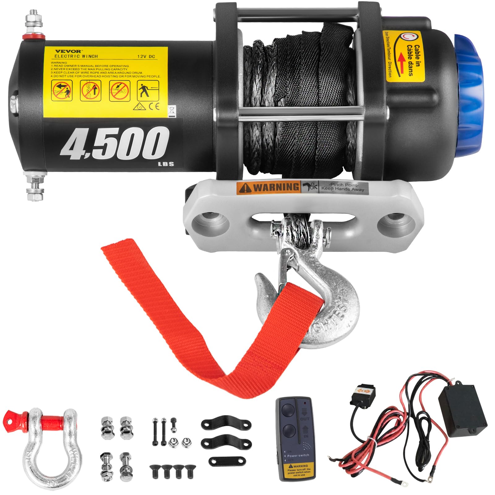 VEVOR Verricello Elettrico con Telecomando 2 KW 12 V Corda Sintetica, Paranco Elettrico 4500 LBS, Argano Elettrico Grado Impermeabile IP67, Verricello Elettrico con un Accurato Kit di Accessori