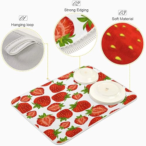 Miniatura 4 de Baofu Tapete de secado de platos para encimera de cocina, fresas de verano, ultra absorbente, reversible, de microfibra, resistente al calor, 18 x