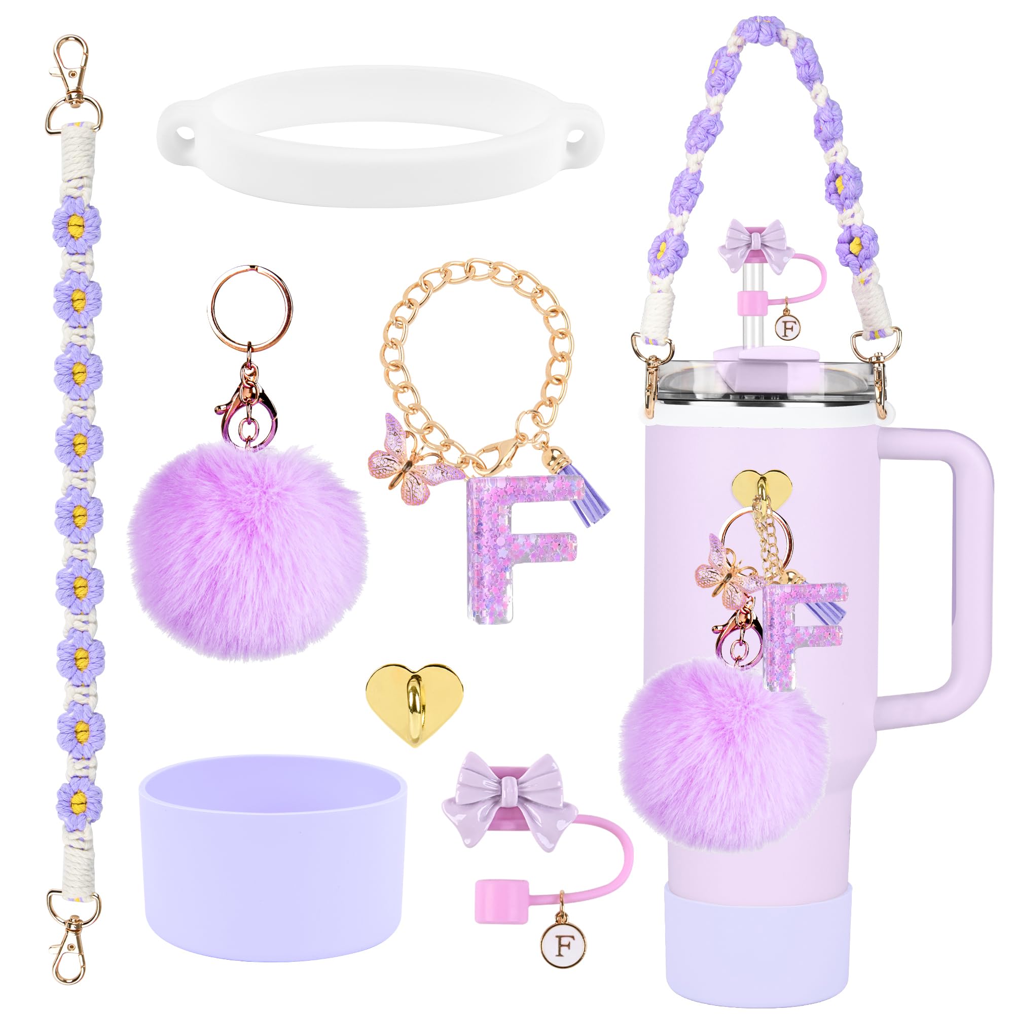 Stanley Cup Accessories Set, 10mm Bow Straw Topper, Siliocne Boot, Water Bottle Handle Strap, Letter Charms for Stanley Cup Straw Cover Cap 40oz 30oz