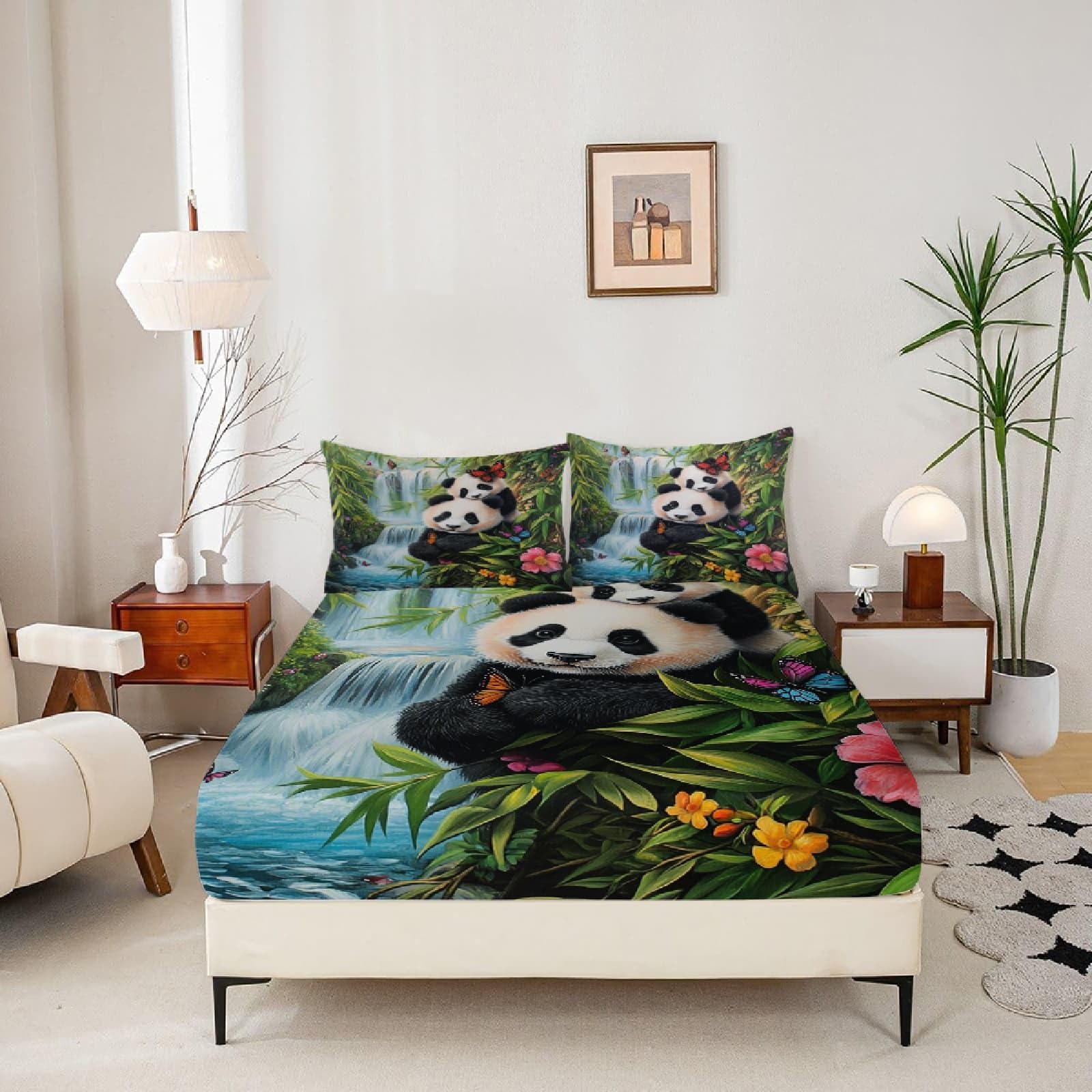 Drap Housse 200x200 cm Grand Bonnet 30 cm - Panda Mignon Linge de Lit 2 Personnes Doux et Confortable en Microfibre - Lot de 3 Draps Housses Cascade de Plantes Vertes avec 2 Taie d'oreiller