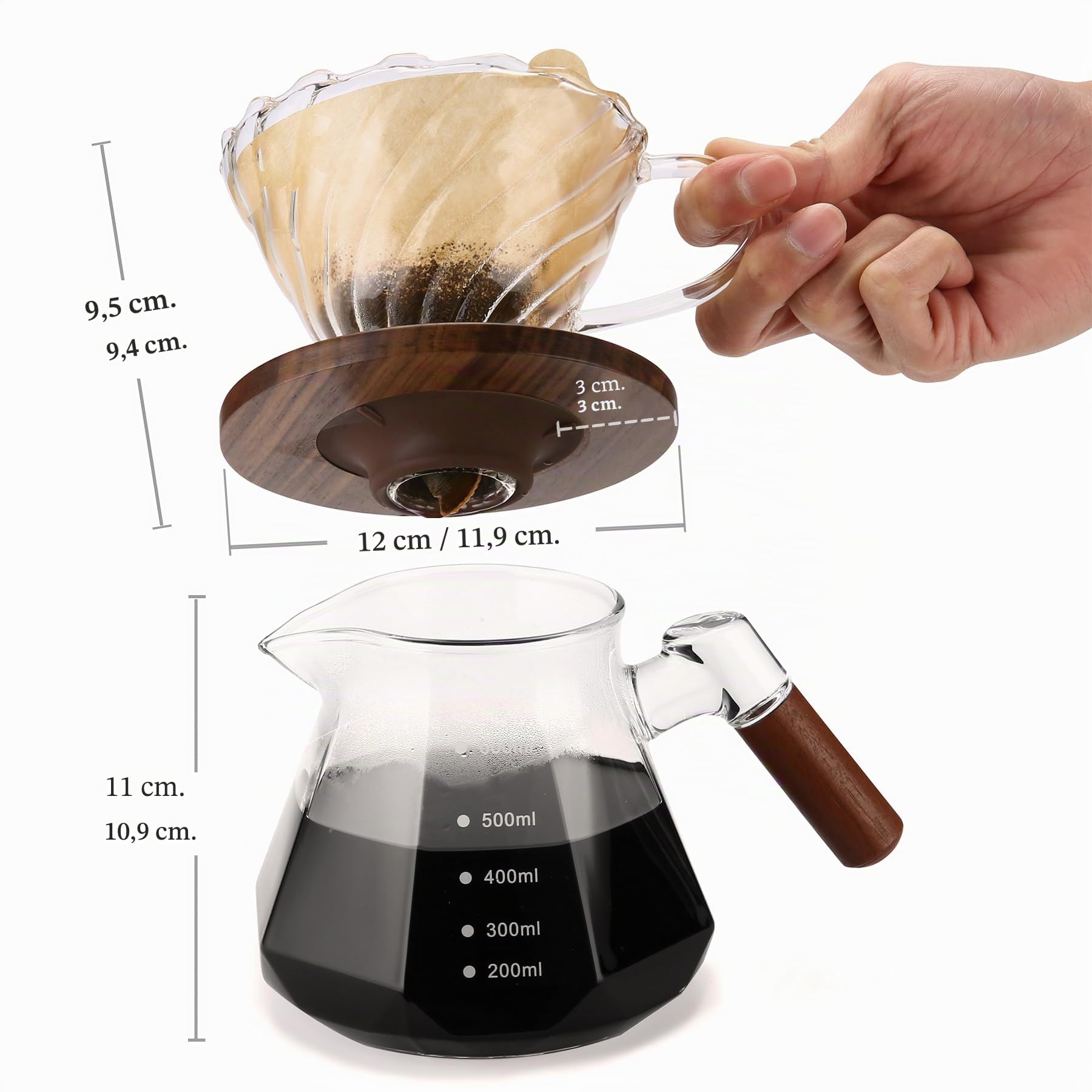 Lalord Caffettiera Pour Over in Vetro Borosilicato da 600 ml, con Filtro di Carta 02 da 100 Pezzi, Collare in Noce e Coperchio in Vetro, Caffettiera a Goccia, 1-3 Tazze, Trasparente
