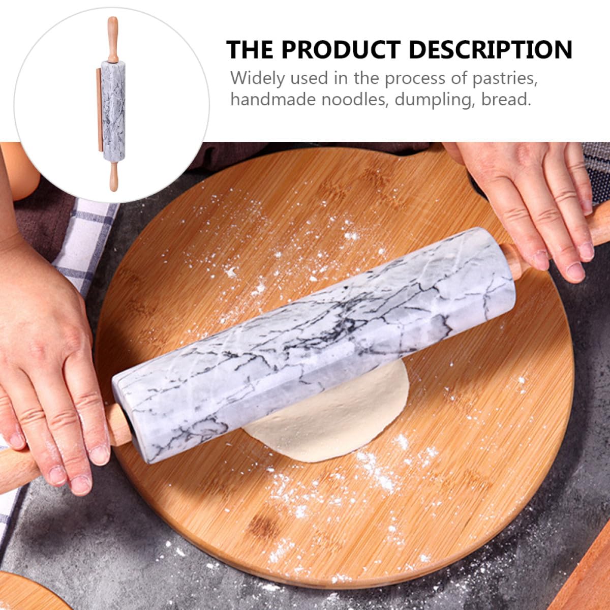 ABOOFAN Rodillo de Masa de Mármol Mango de Madera Práctico y Multiusos para Repostería y Elaboración de Pasteles Diseño Sencillo