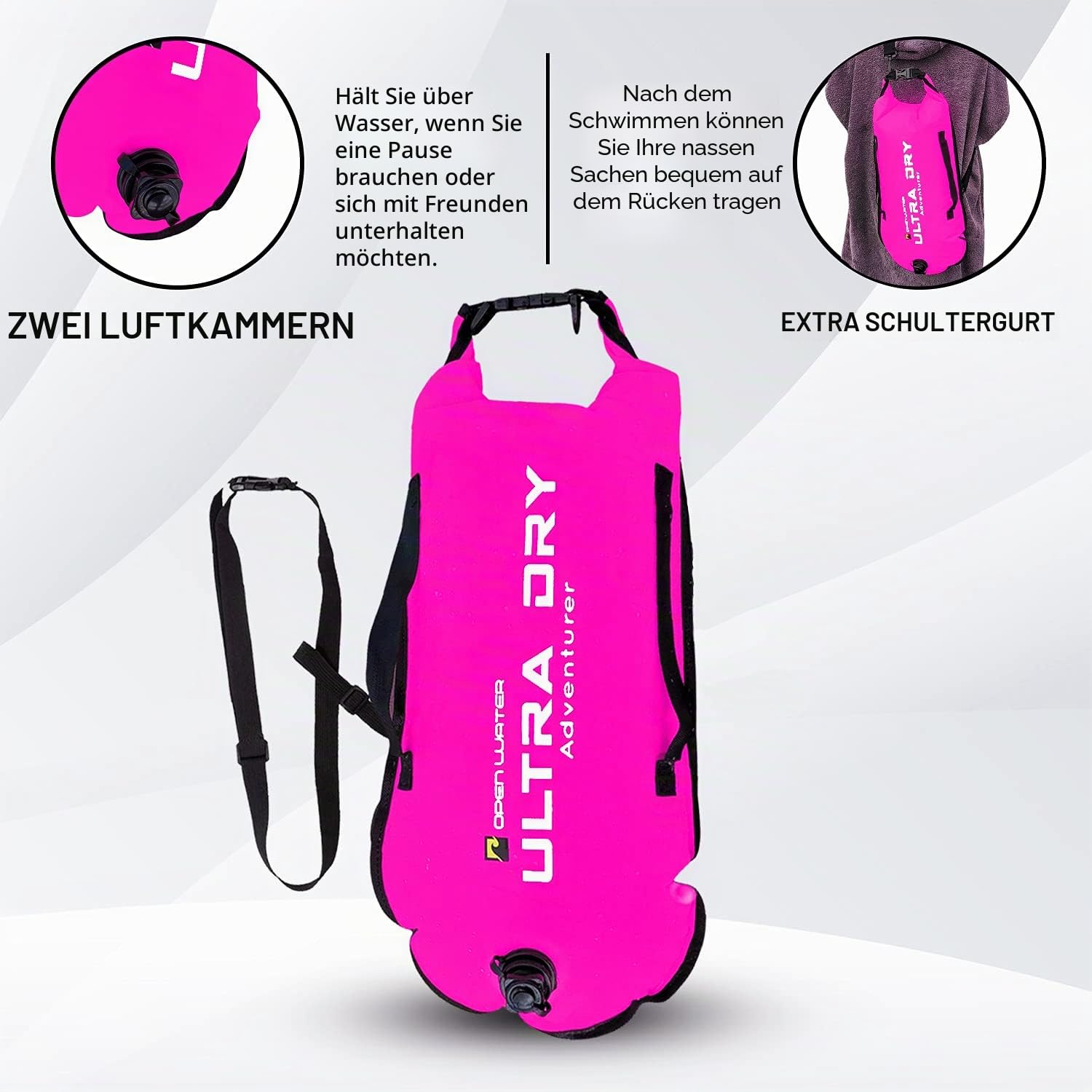 Swim Boje Tow Float Highly Visible Swimming Float Dry Bag with Adjustable Waist Belt, Carry Strap, Waterproof Phone Case for Open Water, Water Sports, Swimming 28L Pink