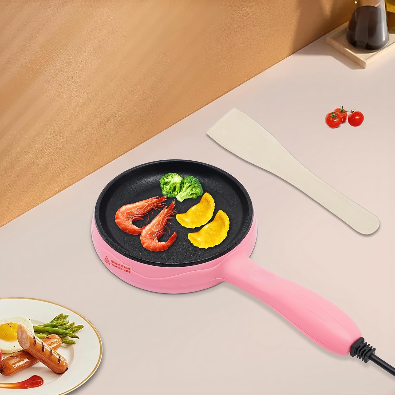 6-Inch Non-Stick Electric Skillet, Hot Pot Electric, 450W Frying Pan, Electric Pot, Pink Mini Hot Pot for Steak,Egg,Dumplings,Sausage