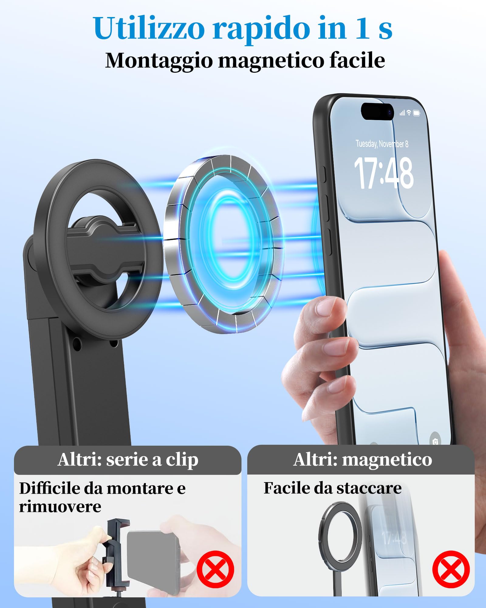 PlusAcc Treppiede magnetico per selfie da 72" per iPhone, rotazione a 360°, con telecomando, compatibile con Magsafe/smartphone, per registrazione video, Vlog, Tiktok
