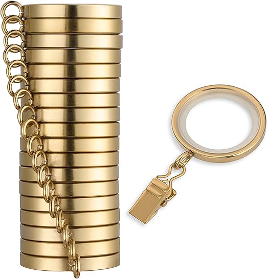 MODE Cambria Designer Series - Premium Easy Glide 18 Count Small Curtain Rings - Metal with Nylon Inserts and Clips - 1-1/8 Inner Diameter - use for rods 3/4" or Smaller - Brushed Gold