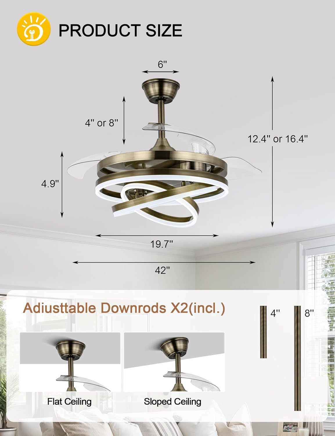Dawn Whisper 42" Retractable Ceiling Fans Modern Ceiling Fans with Lights and Remote Chandelier Fan for Bedroom Reversible DC Motor 3000K-6000K Dimmable LED 3 Colors 6 Speeds-Bronze