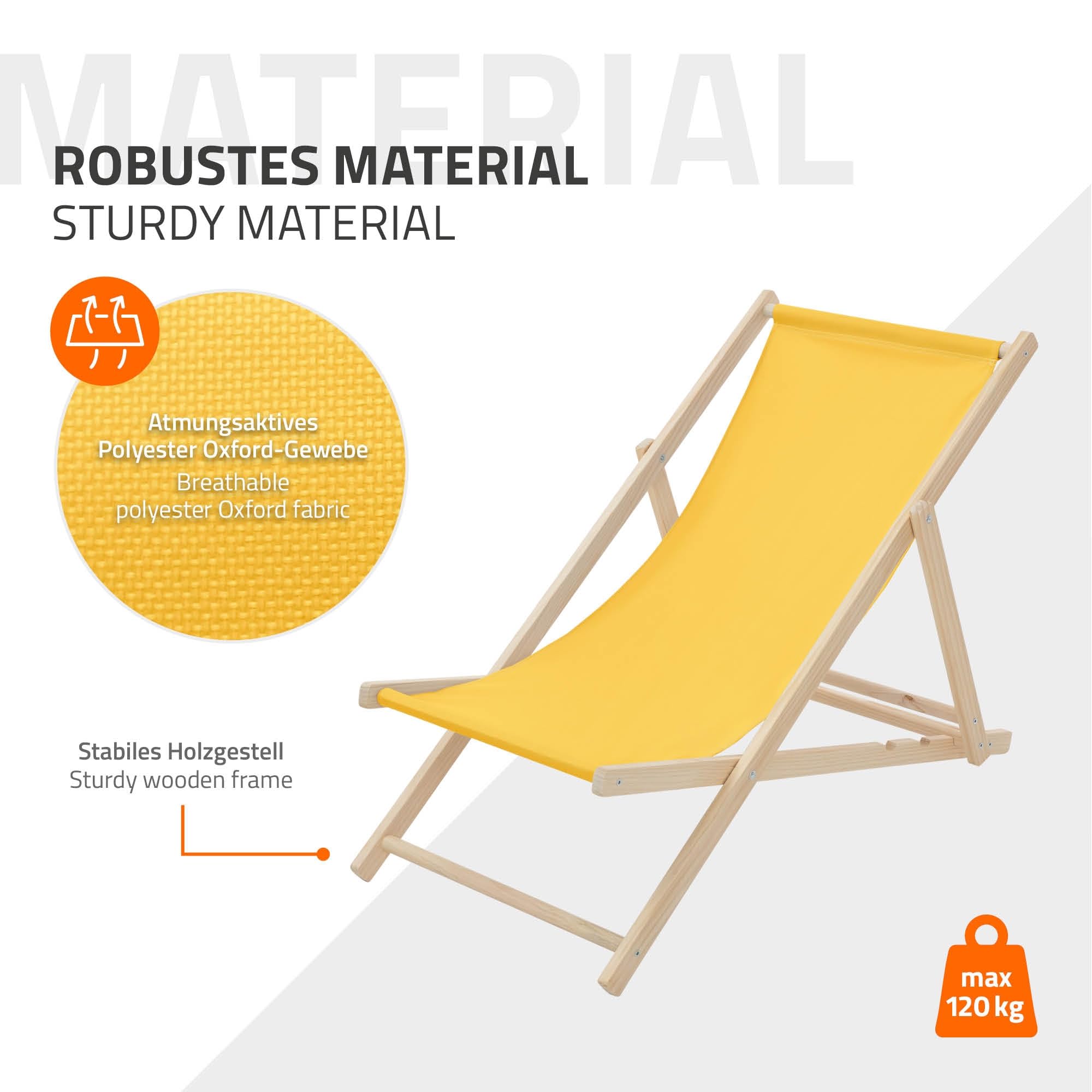 ECD Germany Lot de 2 Chaises Longues Pliantes en Bois Chiliennes, Jaune, Dossier Réglable, 3 Positions de Couchage, jusqu'à 120kg, Bain de Soleil en Tissu pour la Plage Jardin Terrasse Camping