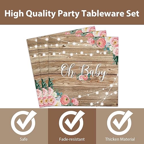 Miniatura 3 de Tevxj Juego de vajilla de madera rústica de 96 piezas para baby shower, vajilla floral Oh Baby, platos de postre desechables, platos de fiesta