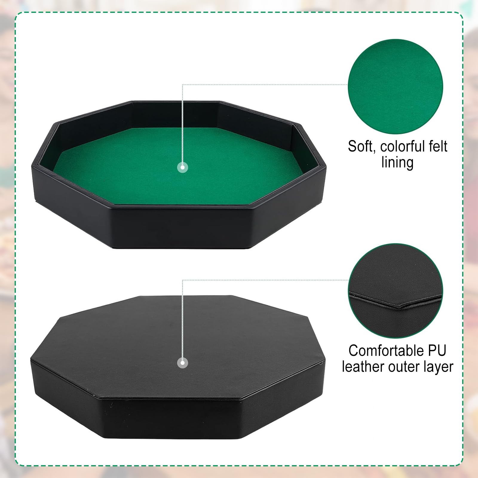 Plateau à dés, tapis à dés avec support en feutre, Dice Rolling Tray, plateau à dés octogonal doublé de feutre en cuir PU, plateau à dés pour jeux Dungeon Crawler (vert)