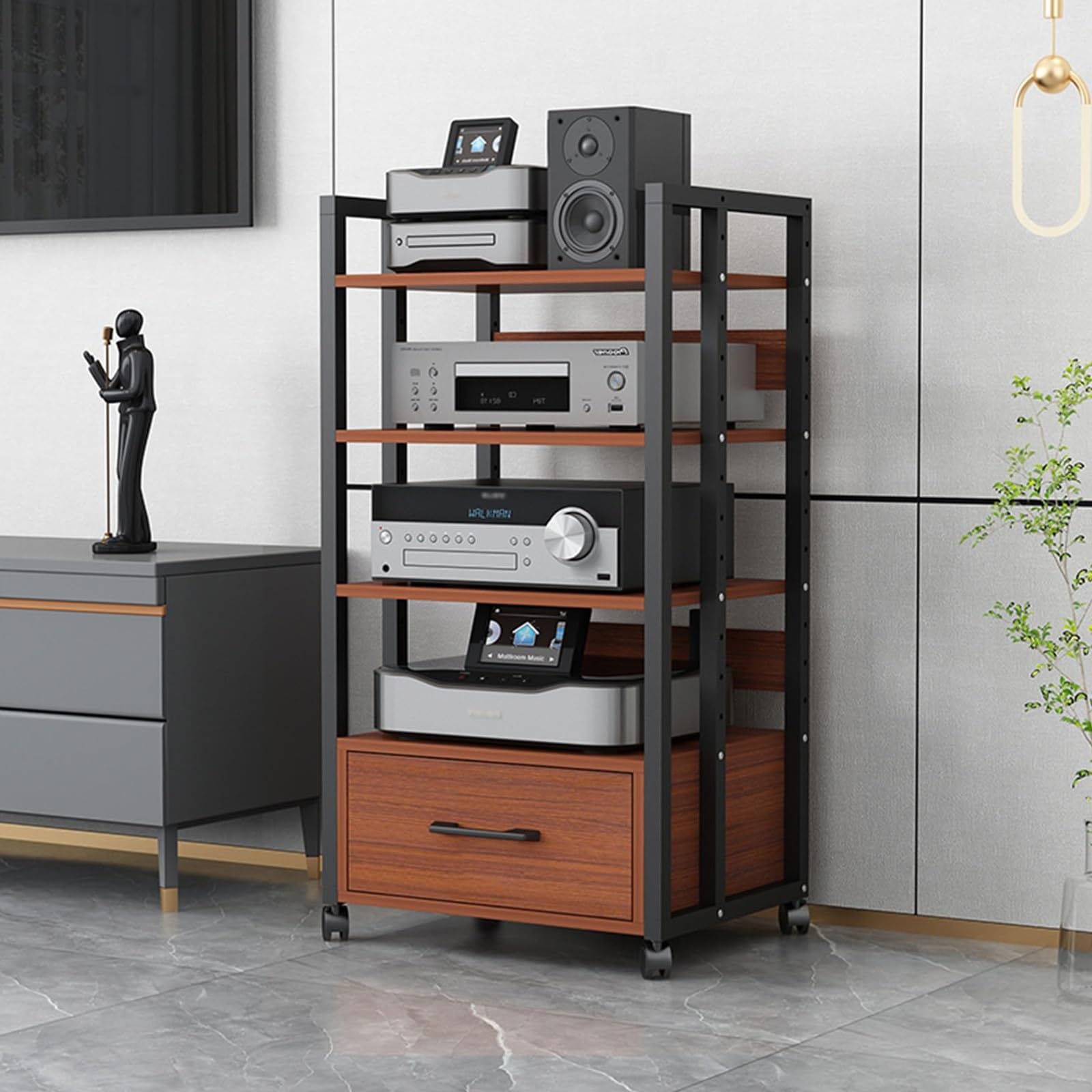 HiFi Mobile Stereo Rack 3 Tier AV Media Stand con Ruote Universali Giradischi in Legno Rack Audio Rack HiFi Mobili per Home Theater & Musica Appassionati di Noce