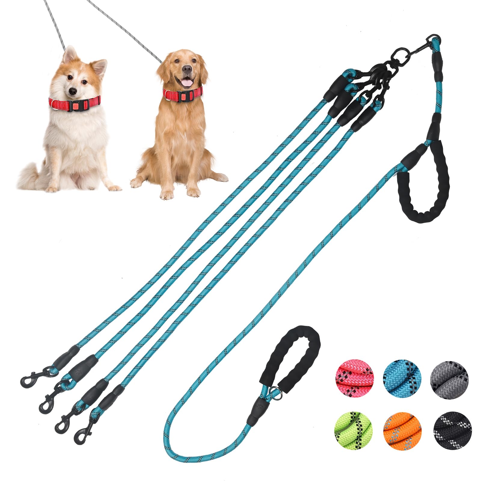 Exceptional 360 Anti-Tangle & No Pull Four Dog Leash - Four Handle & Reflective for Safety & Convenience, Suitable for Small & Medium Dogs (Blue, 4