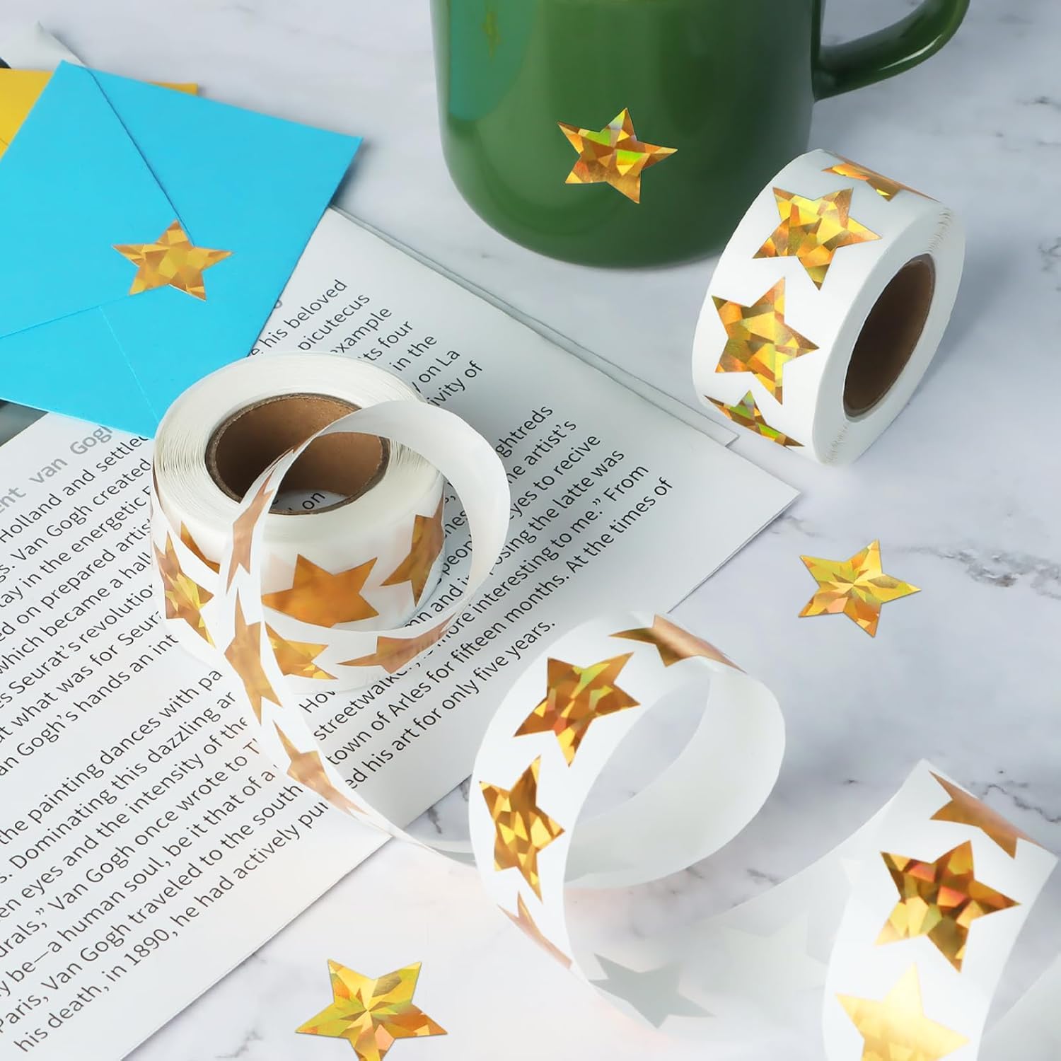 500 Stück holografische goldene Stern-Aufkleber für Kinder Belohnung, 2,5 cm selbstklebende metallische Glitzer Folien Stern Aufkleber