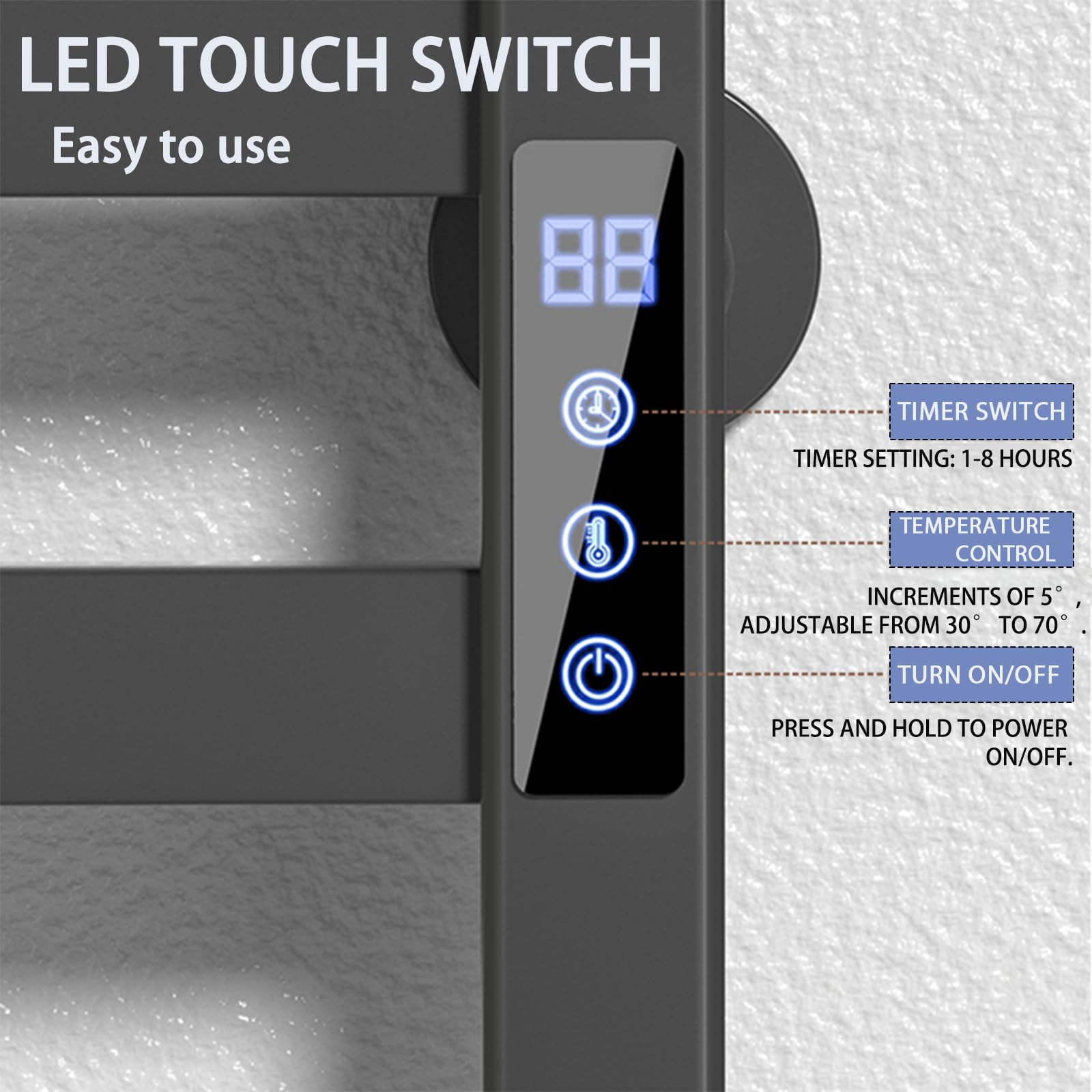 Scaldasalviette elettrico nero 700 x 500 mm con touch screen LED, scalda asciugamani a tempo e temperatura regolabile