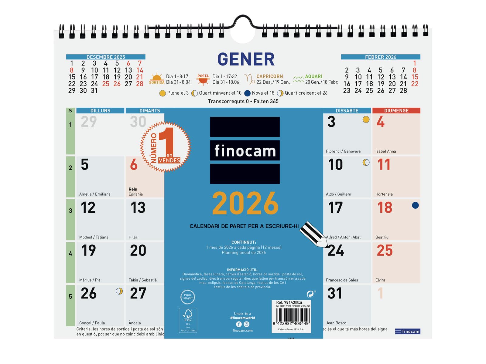 Finocam - Wall Calendar 2026 Month View January – December 2026 (12 Months) | Calendar 2026 to Note | Monthly Planner Colour Catalan
