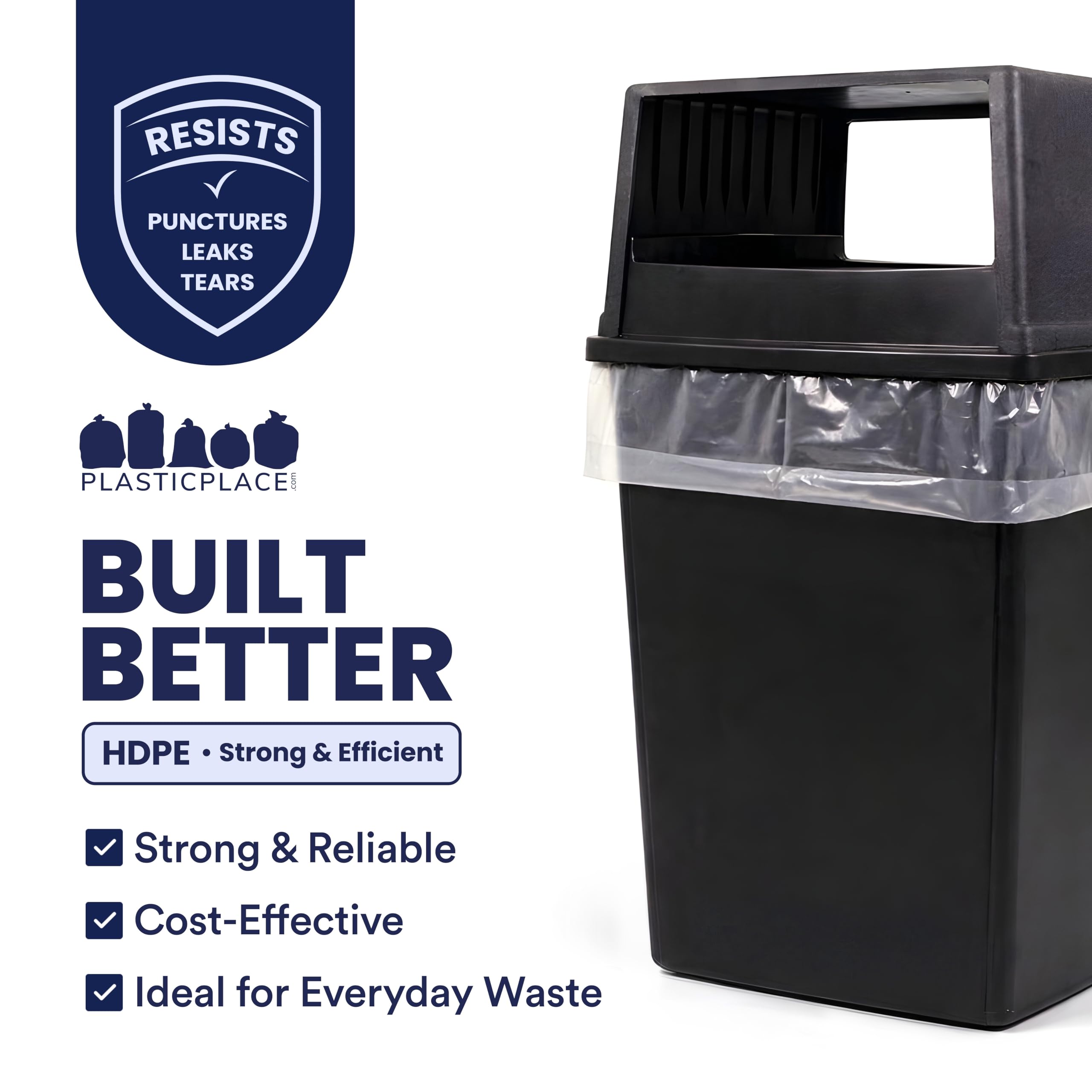 Plasticplace Worki na śmieci, przezroczyste worki na śmieci o wysokiej gęstości, wytrzymałe, bez zapachu, duże wkładki do pojemników na śmieci do kuchni, komercyjnego i ogrodu, 16 mikronów, szczelne