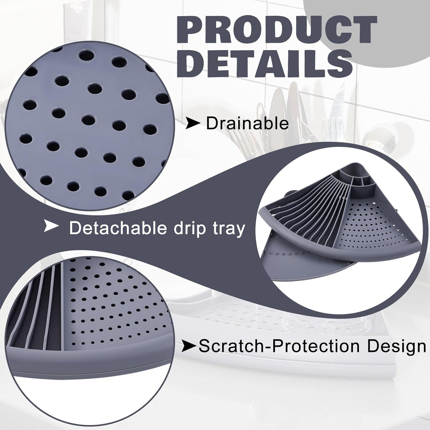 2 Pack Gray Corner Dish Racks Organizer Triangular Sink Counter Drying Rack Plastic Corner Dish Utensil Holder for Plates Bowls Utensils Knives Space Saving Kitchen, 13.7 × 13.7 inch