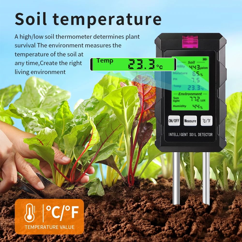 DollaTek Misuratore di terreno 6 in 1 Misuratore di umidità fertilità del suolo pH temperatura luce ambientale e umidità con schermo illuminato HD per la coltivazione di piante in giardinaggio