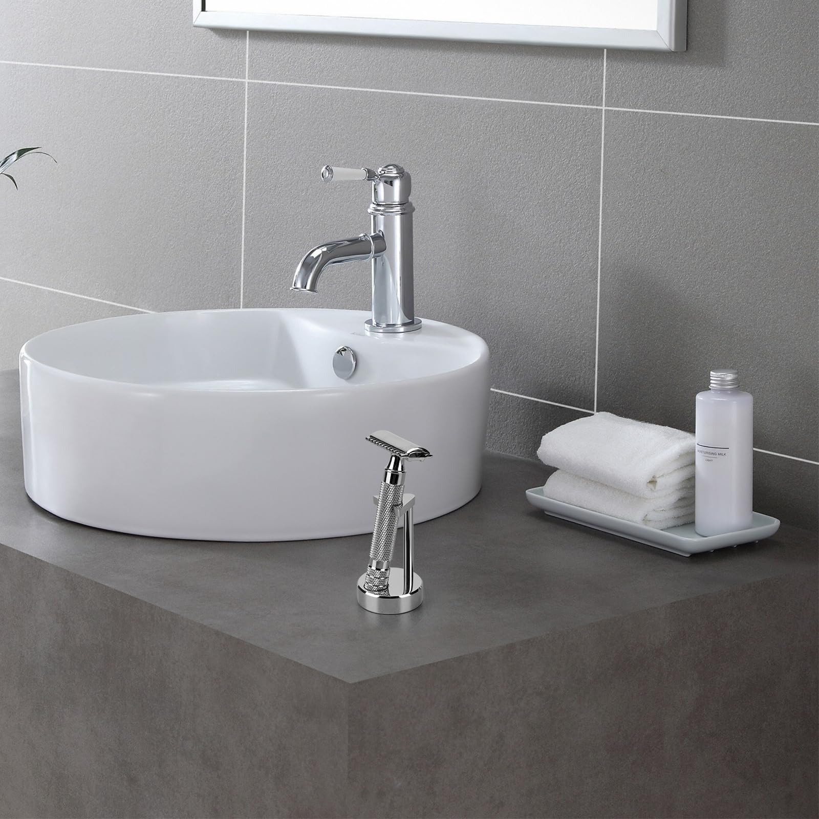 Linkidea Supporto per rasoio di sicurezza da uomo, compatibile con Vikings Blade the Chieftain, Merkur 34C, 700002, 23C, 38C, organizer per strumenti da barba per bancone del bagno (argento)