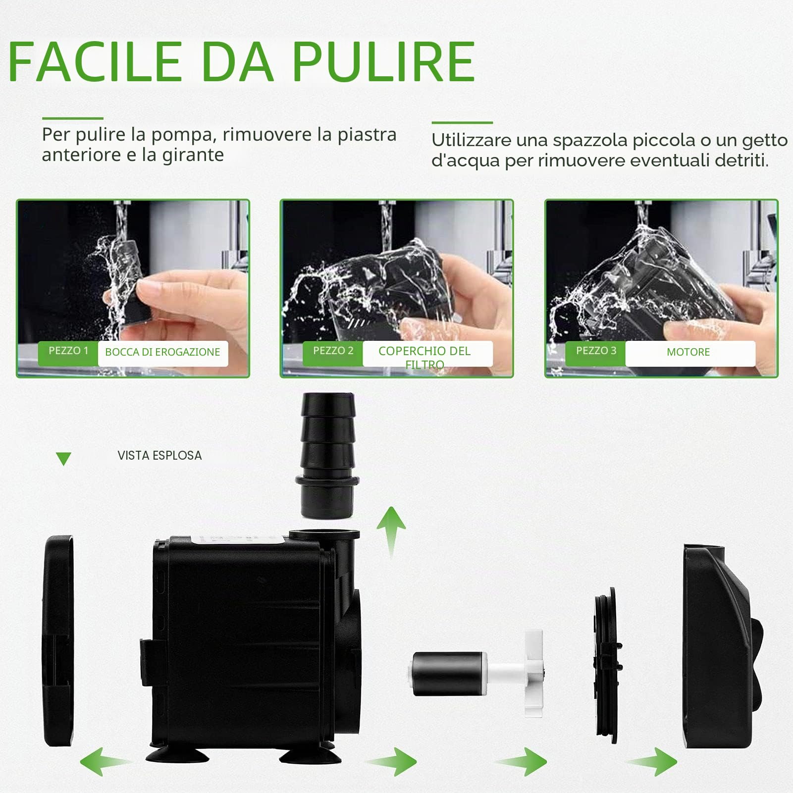 Mini pompa dell'acqua (600 L/H, 10 W), per acquario ultra silenziosa con sollevamento, per fontane, con cavo di alimentazione da 1,5 m, 2 ugelli, per statue, idroponica
