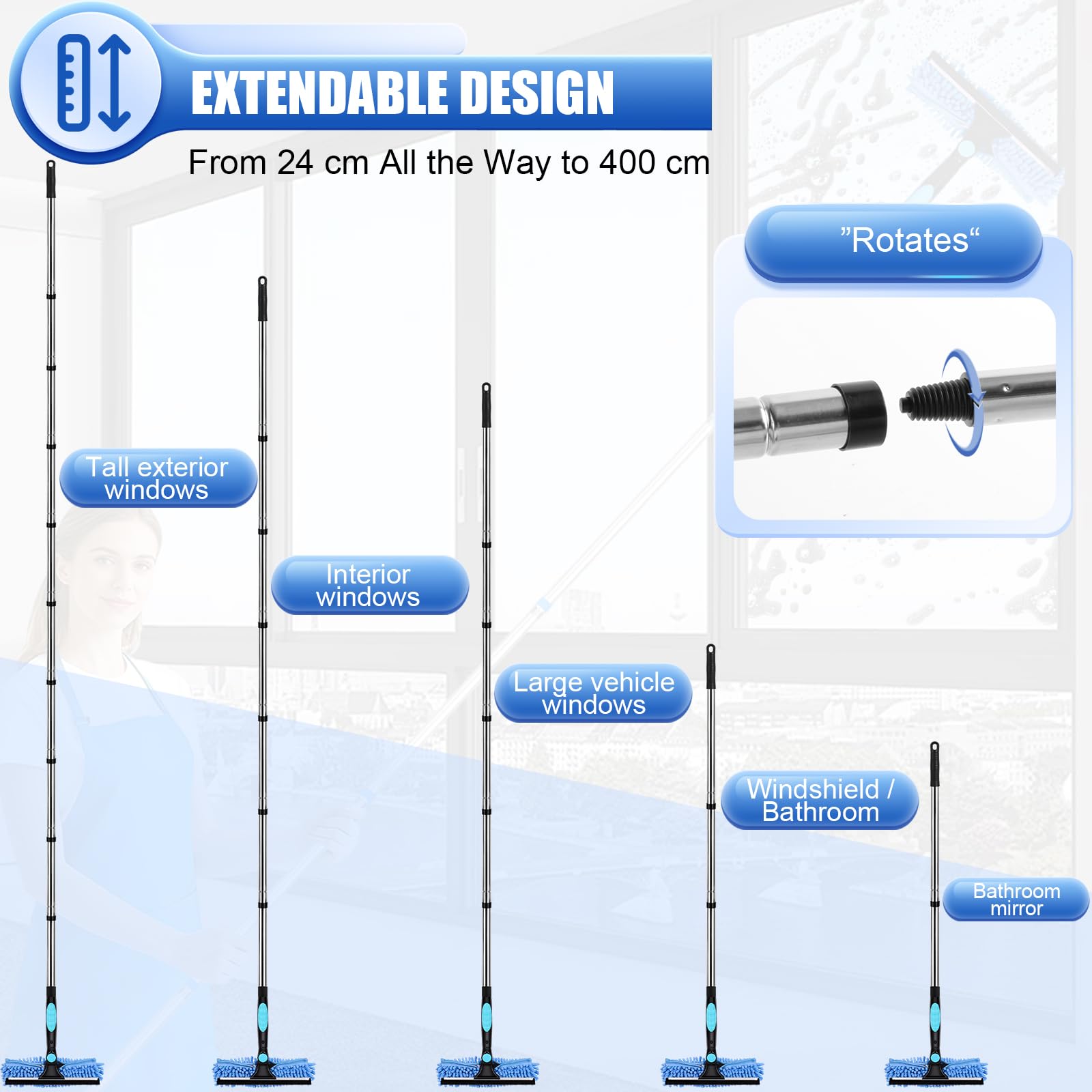 4-in-1 Teleskop Fensterwischer Set – Ausziehbar bis 4m, 360° Drehbarer Kopf, Mikrofasertuchbürsten, Stauber & Gummischaber, Fensterputzer Set für Fenster, Dusche, Auto und Glasreinigung (Blau)