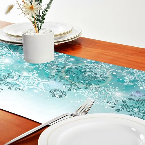 Miniatura 4 de ALAZA Camino de mesa de Navidad de doble cara con copos de nieve de invierno, color verde azulado, turquesa, 14 x 108 pulgadas de largo, mantel para