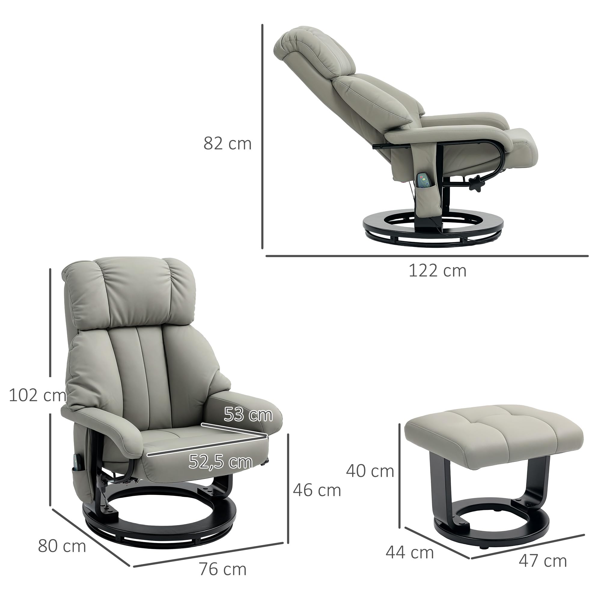 HOMCOM Poltrona reclinabile con poggiapiedi, massaggio, sdraiable, Grigio