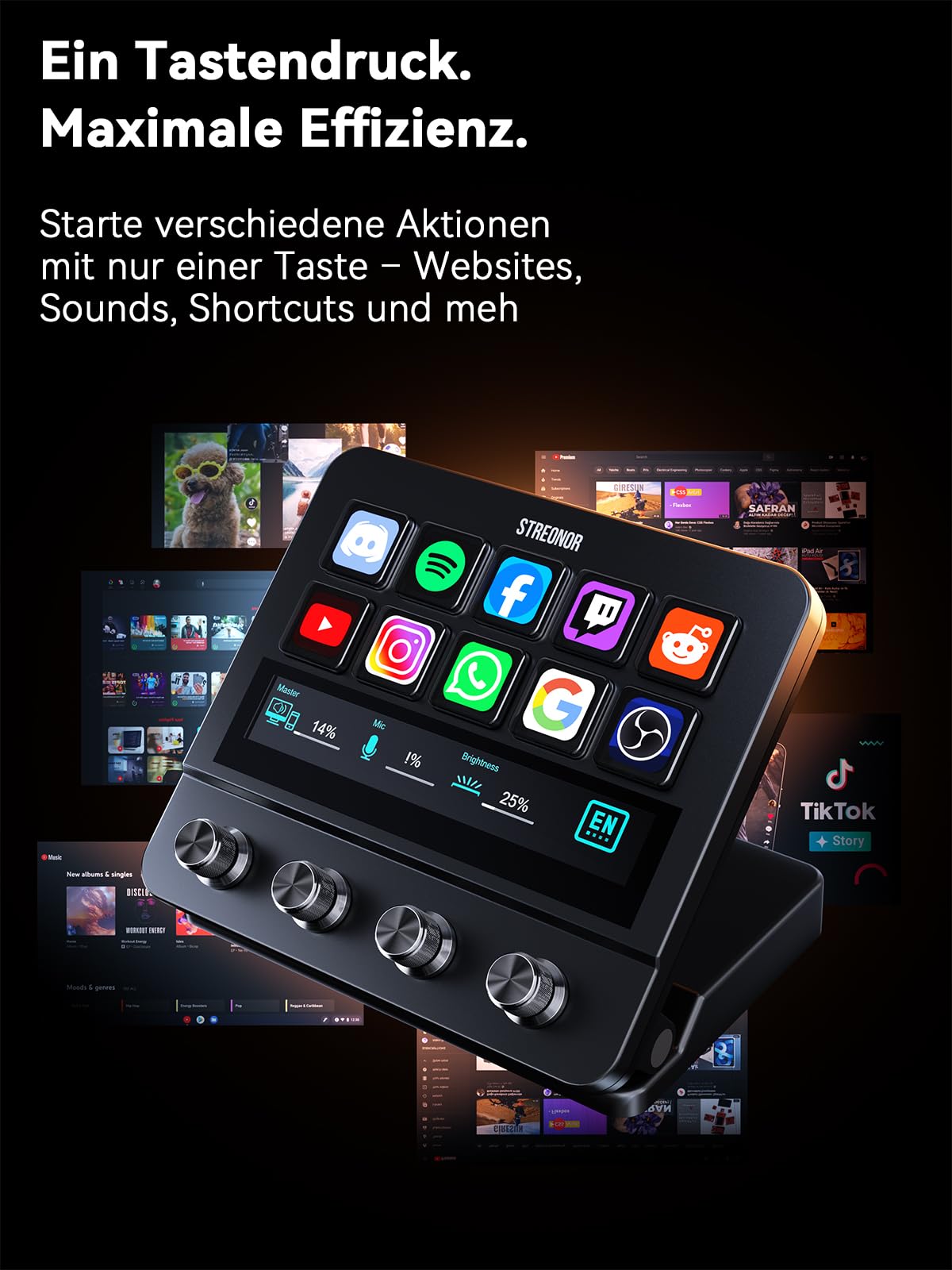 STREONOR Stream Controller Pro S10 mit 10 Tasten Touchscreen und 4 Reglern | Stream Control Deck für OBS, Twitch, YouTube, Content Creators, Streaming & Gaming, kompatibel mit PC und Mac
