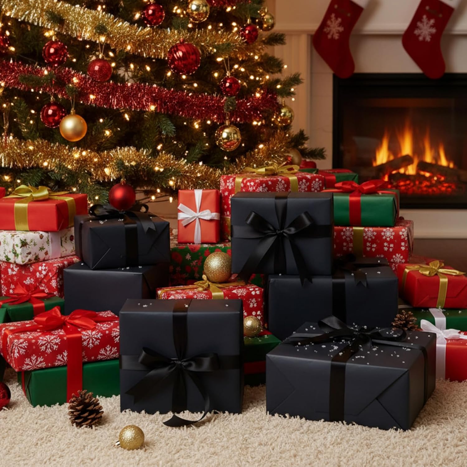 Feifeiya Christmas Gift Wrapping Paper Roll, Black Kraft Gift Paper, 2 Rolls 17.5'' x 33' Wrapping Paper Roll, with 1 Roll 1'' x 25 yd Black Stain Ribbon