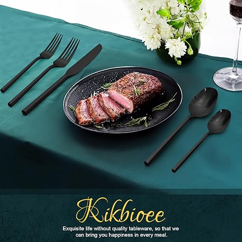 Miniatura 7 de Kikbioee Black Silverware - Juego de cubiertos hexagonales de acero inoxidable, 20 piezas, forjados y pesados, incluye tenedores, cucharas de