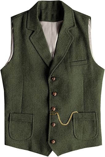 Men's Western Herringbone Tweed Suit Vest Wool Slim Fit Waistcoat