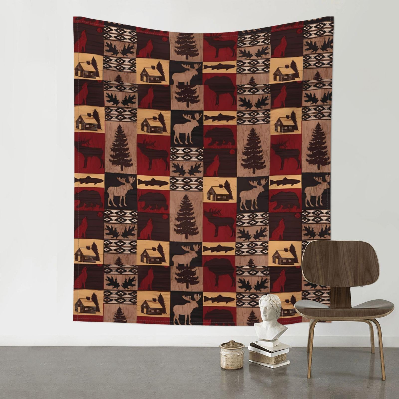 WHJSHOP Lodge Bear Deer Fish Prints Original Wall Tapestry 60x51in – Boho Throw Blanket for Dorm Decor, Beach Picnic, & Bedroom Layering