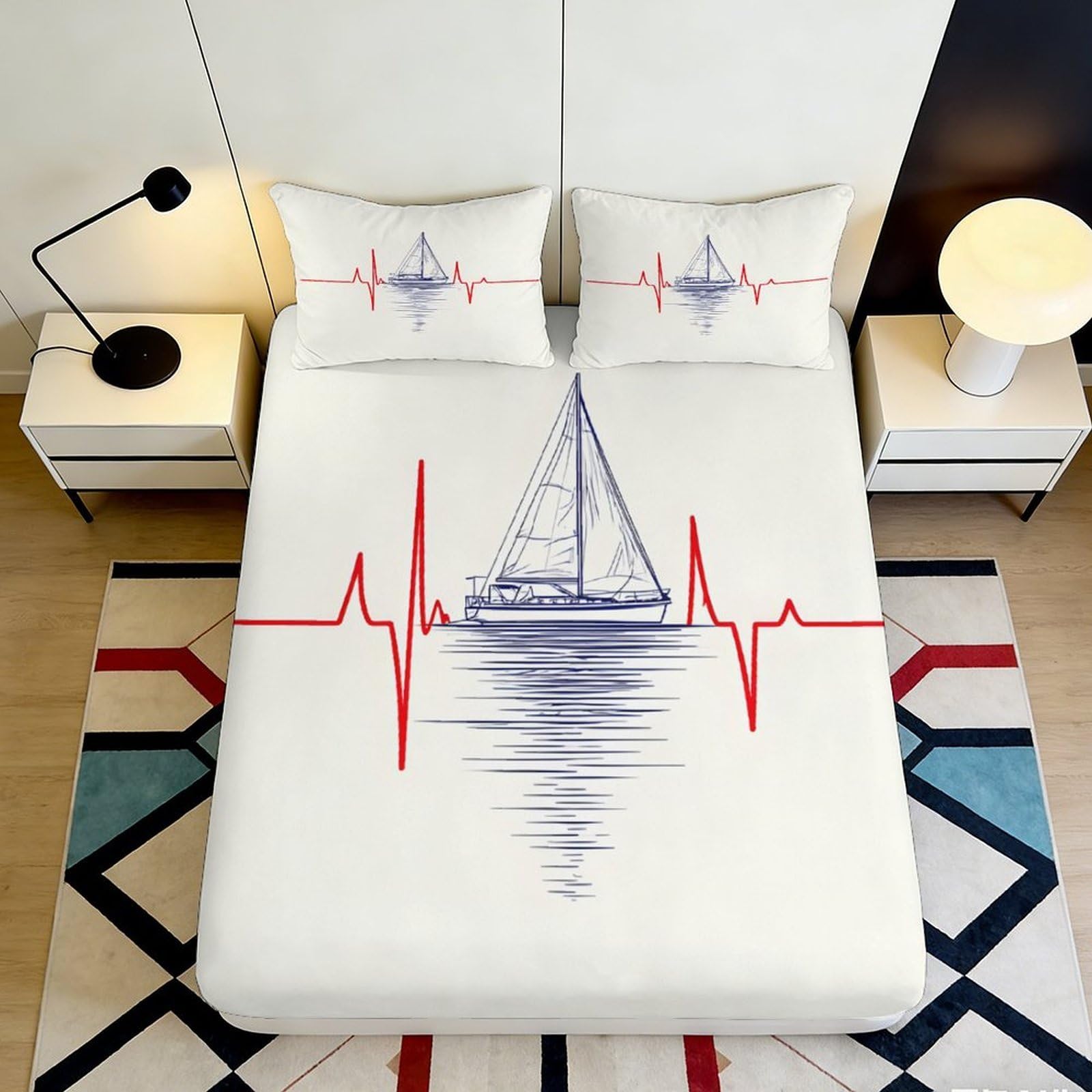 Jqzkxnhpbr Style-3 3D Printed Sailboat Heartbeat Fitted Sheet Microfiber Soft Breathable Nautical Bed Cover For Bedroom Dorm Decor 90X200x25cm