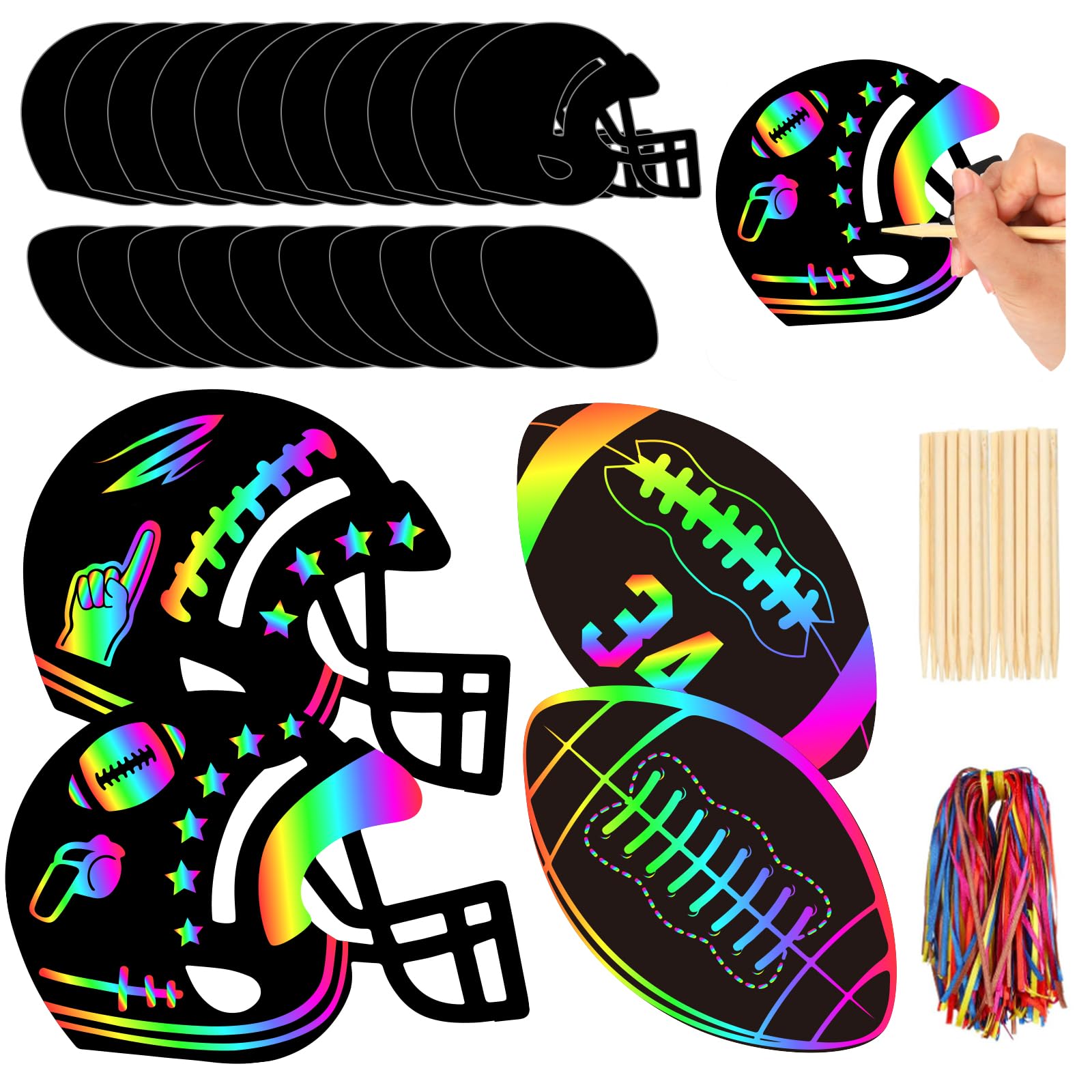 JarThenaAMCS 60 Pcs Football Scratch Paper Craft Kits Football Helmet Scratch Cards Ornaments with Ribbon and Wooden Styluses for DIY Crafts Painting Classroom Party Supplies : Toys & Games