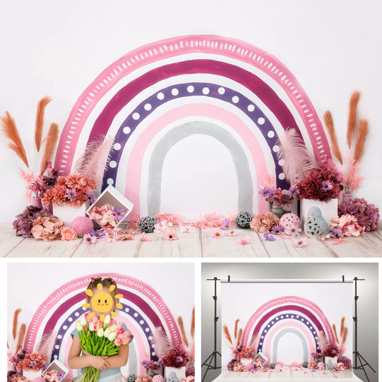 WaW 2.7x1.8 m Boho Rainbow Flowers Backdrop Photo Studio Background Newborn Baby Photography, Birthday Wedding Party Decoration