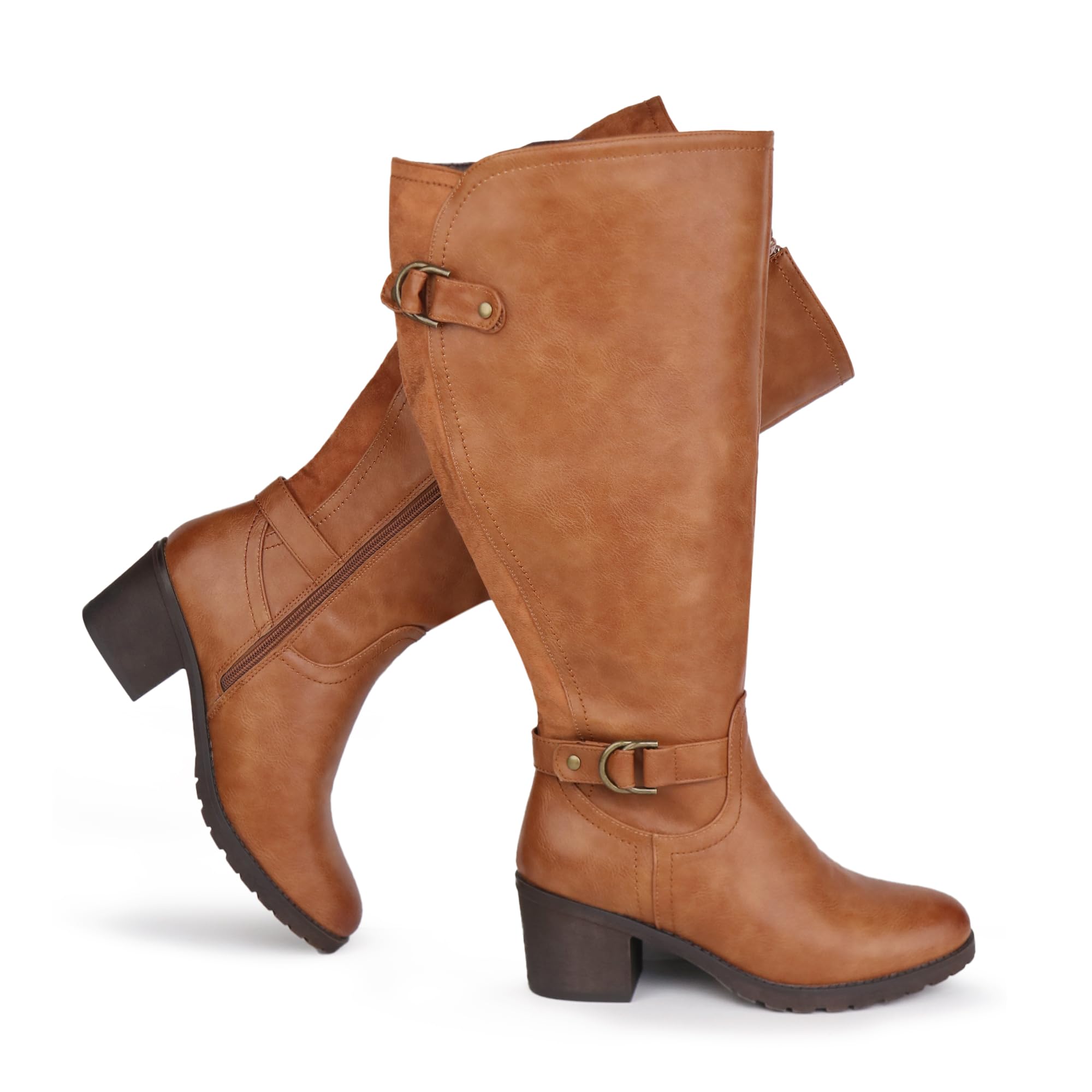 Bottes d'équitation pour femme, mollet large, montantes jusqu'au genou, avec talon bloc et double boucle décorative