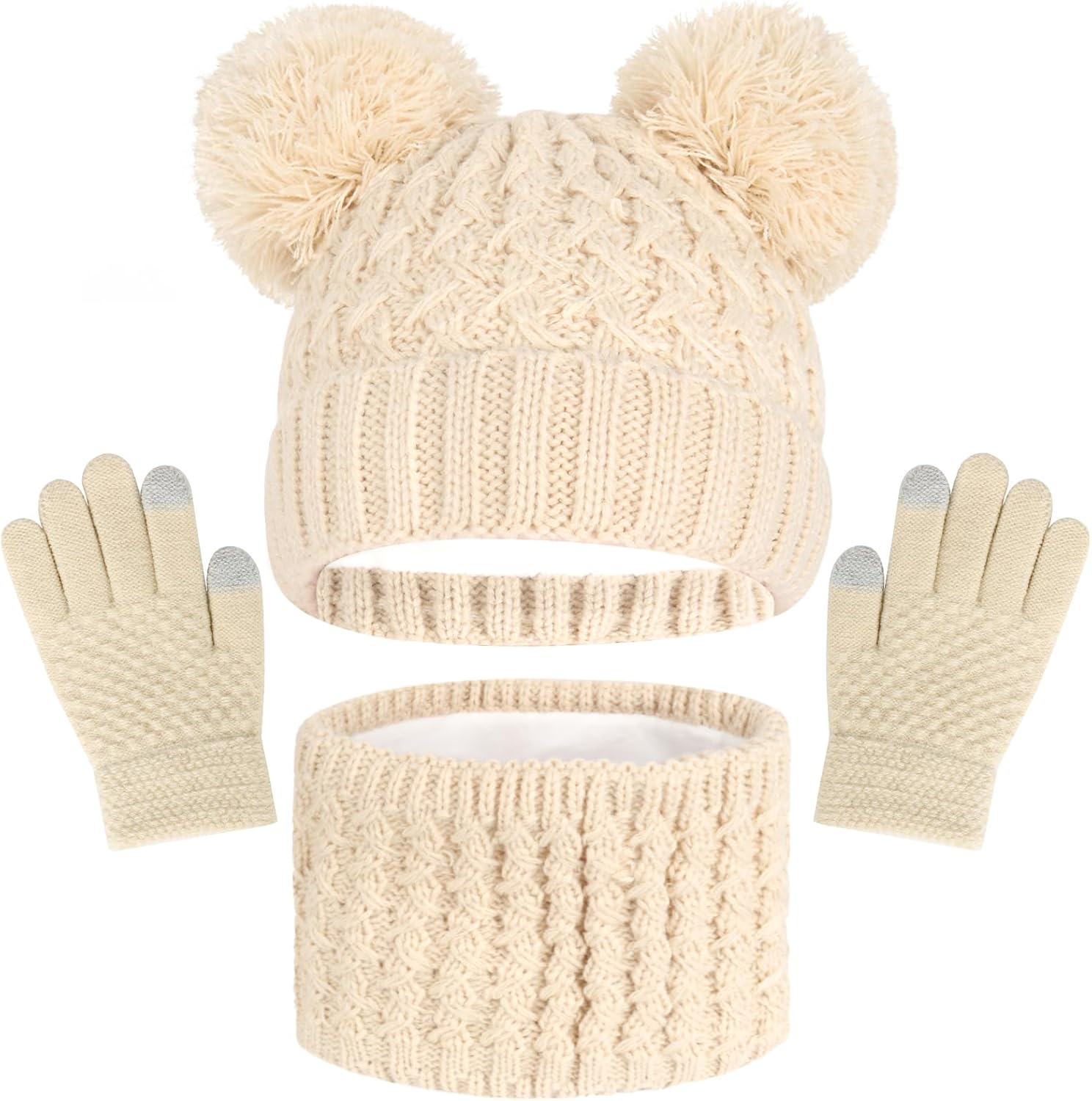Kids Winter Beanie Hat Scarf Touchscreen Gloves Set, Fleece Lining Boys Girls Winter Hat Neck Warmer Gloves for 1-6 Years