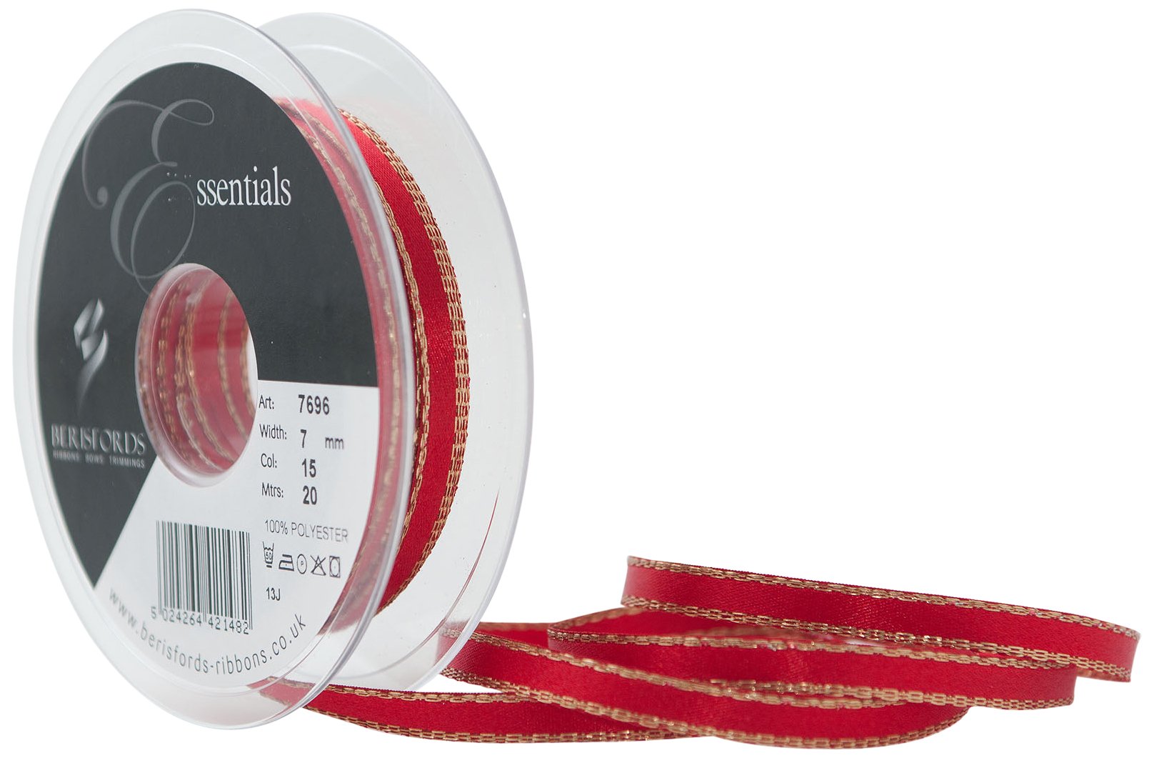 Berisfords 7 mm Gold Edge Satin Ribbon, Red