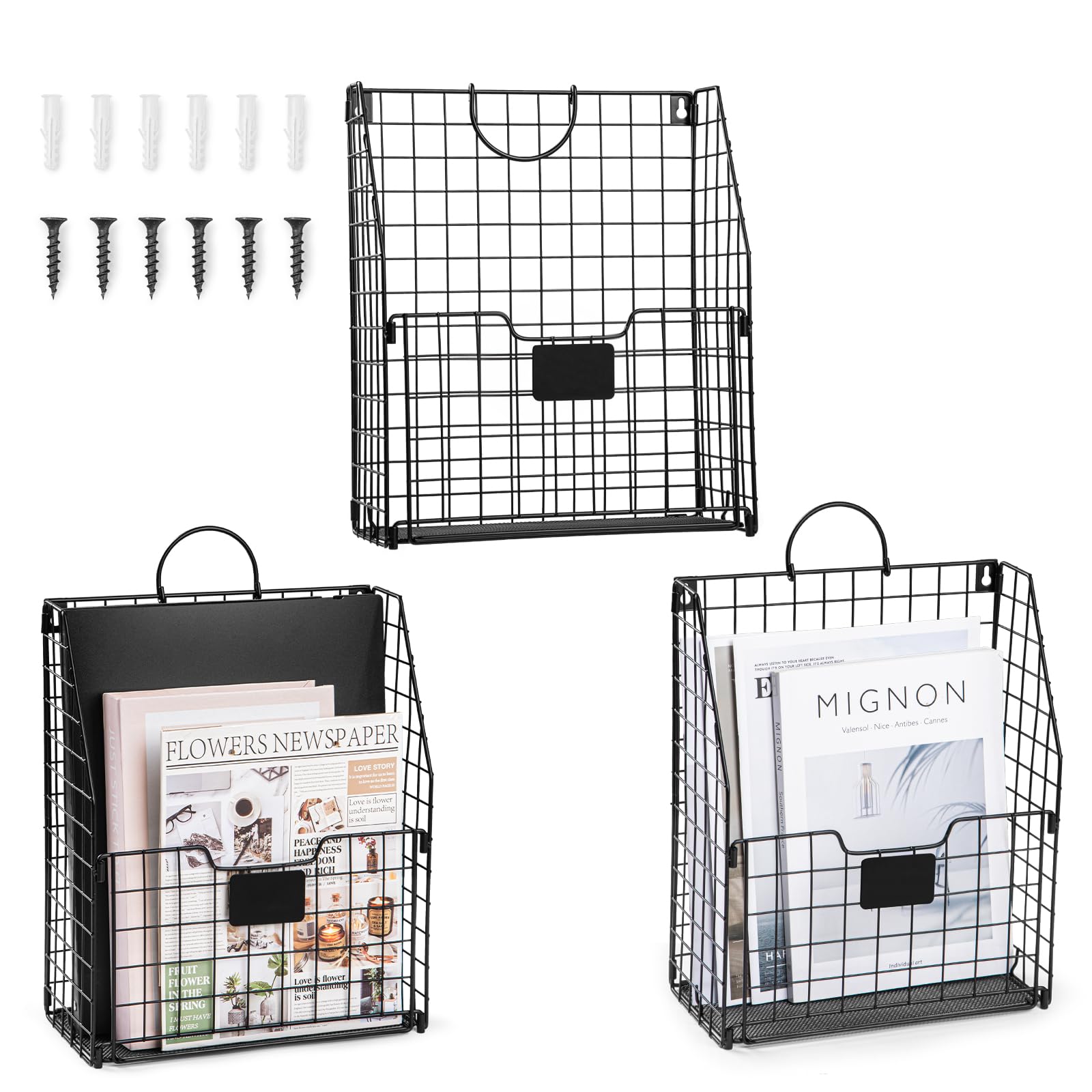 WantuSee Hanging Wall File Organizer, Foldable Metal Wire Wall Mounted Hanging Magazine Holder for Files, Newspapers, Magazines with Tag Slot for Office, Home Organization, 3 Packs, Black